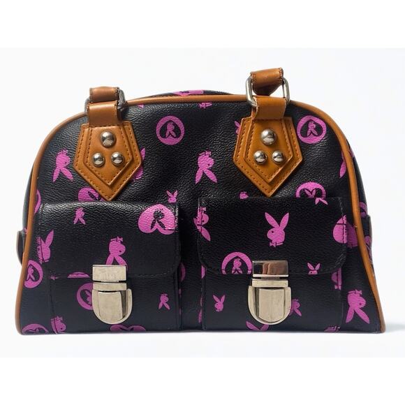 Playboy Pink & Black Monogram Handbag Y2K Bunny Print Pink Lining - Picture 3 of 10